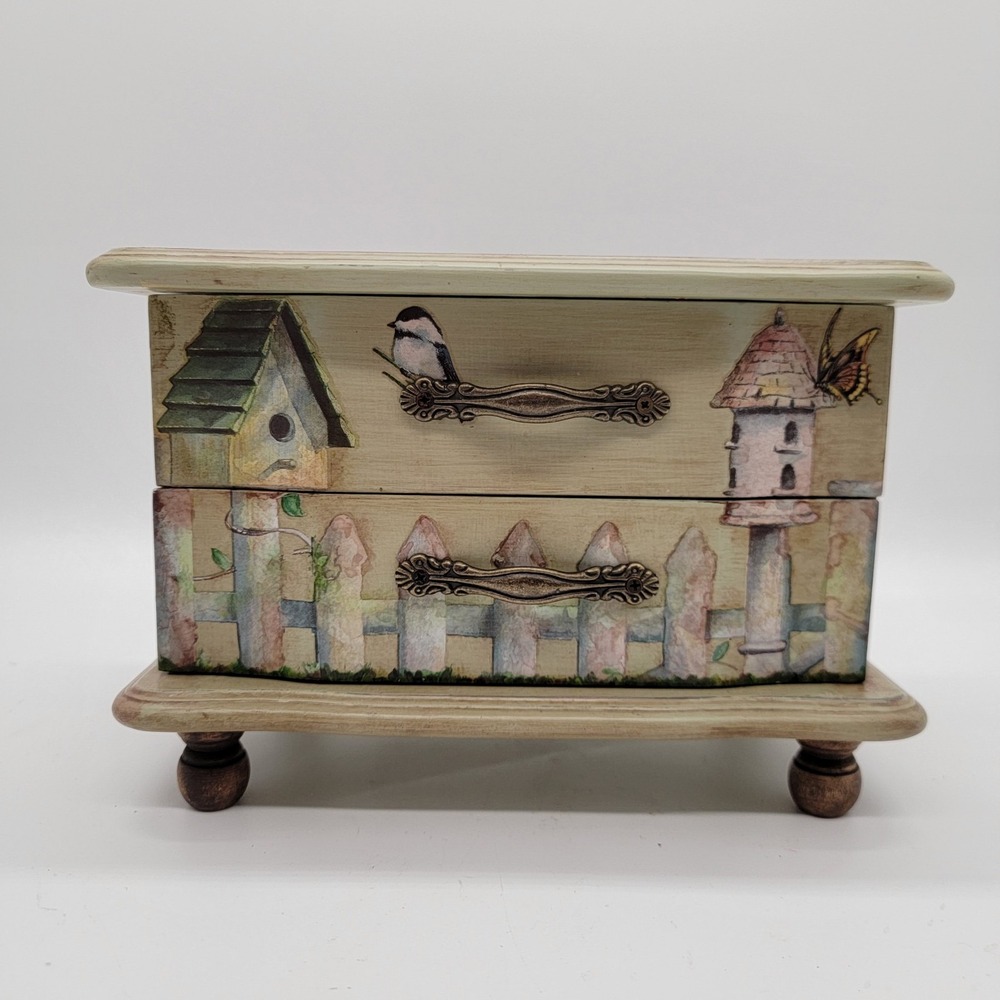Vtg Hand Painted Wooden Jewelry Lidded Trinket Box Birdhouse Birds Sage Green